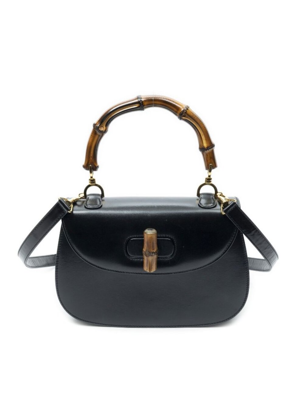 Gucci Medium Bamboo Top Handle Flap Bag Black Calfskin Leather